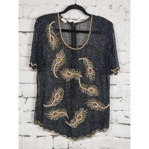 VINTAGE Retro 80's Beaded Silk Blouse